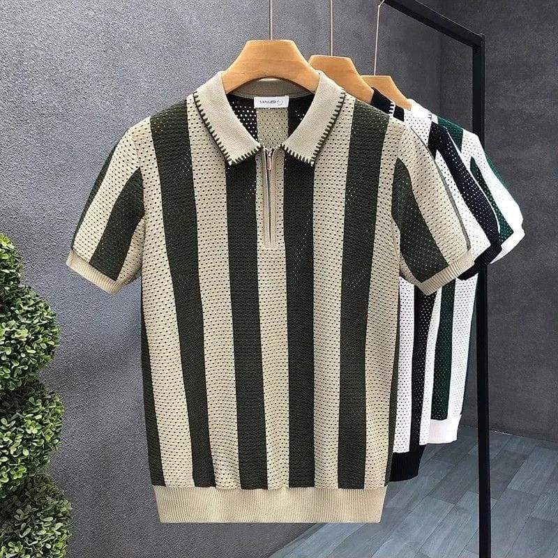 Men's Beige and Dark Striped Knit Quarter Zip Polo Shirt Retro Short Sleeve Breathable Mesh Casual Top thumbnail 1
