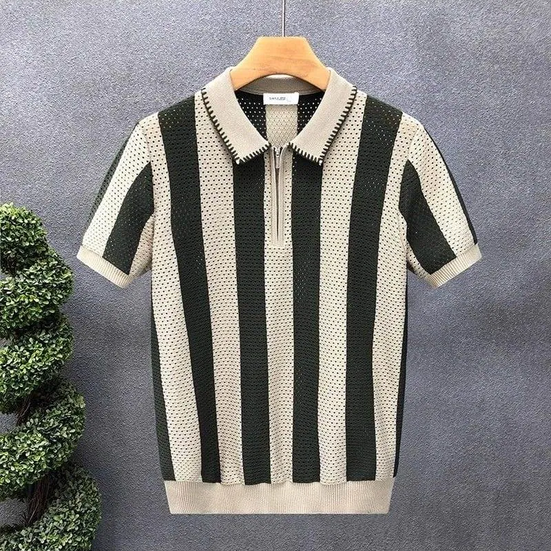 Men's Beige and Dark Striped Knit Quarter Zip Polo Shirt Retro Short Sleeve Breathable Mesh Casual Top thumbnail 2