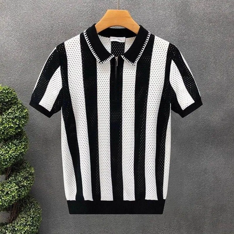 Men's Beige and Dark Striped Knit Quarter Zip Polo Shirt Retro Short Sleeve Breathable Mesh Casual Top thumbnail 3