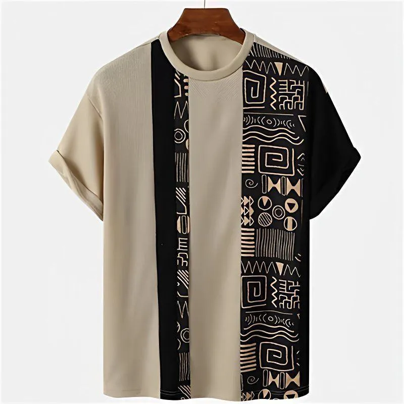 Men's Black and Red Color Block T-Shirt with Geometric Tribal Print Short Sleeve Crew Neck Casual Top thumbnail 4