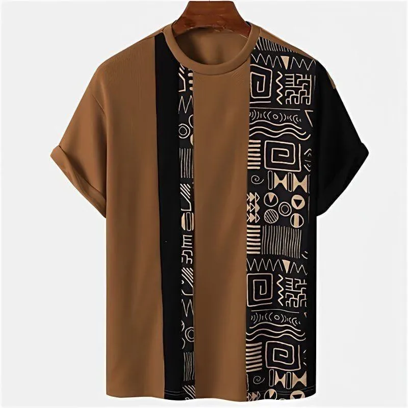 Men's Black and Red Color Block T-Shirt with Geometric Tribal Print Short Sleeve Crew Neck Casual Top thumbnail 5