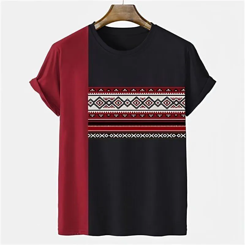Men's Black and Red Color Block T-Shirt with Geometric Tribal Print Short Sleeve Crew Neck Casual Top thumbnail 3