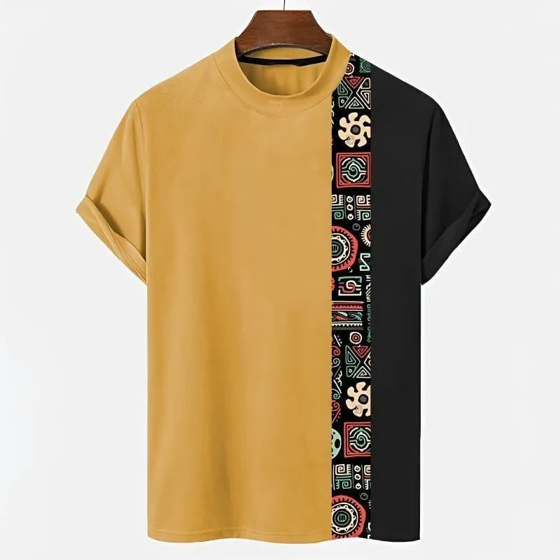 Men's Black and Red Color Block T-Shirt with Geometric Tribal Print Short Sleeve Crew Neck Casual Top thumbnail 7