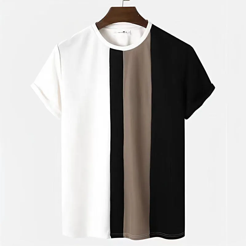 Men's Black and Red Color Block T-Shirt with Geometric Tribal Print Short Sleeve Crew Neck Casual Top thumbnail 1