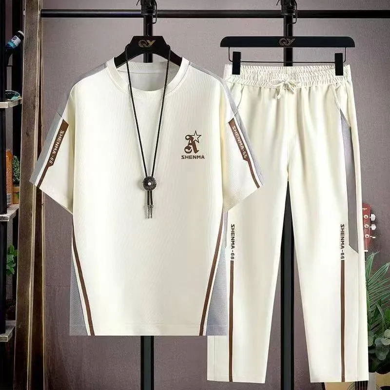 Men's 2-Piece Short Sleeve Tracksuit Set Casual T-Shirt and Jogger Sweatpants with Side Stripes thumbnail 1