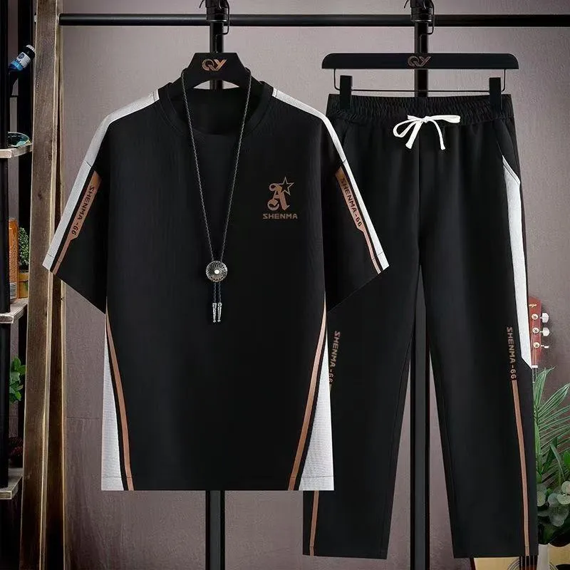 Men's 2-Piece Short Sleeve Tracksuit Set Casual T-Shirt and Jogger Sweatpants with Side Stripes thumbnail 5