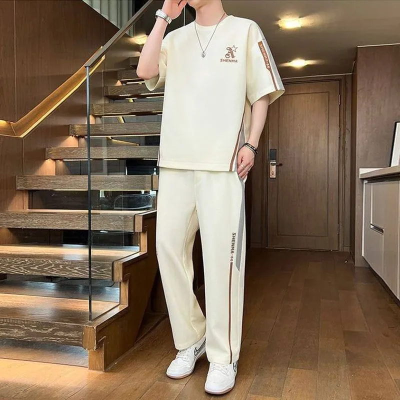 Men's 2-Piece Short Sleeve Tracksuit Set Casual T-Shirt and Jogger Sweatpants with Side Stripes thumbnail 2