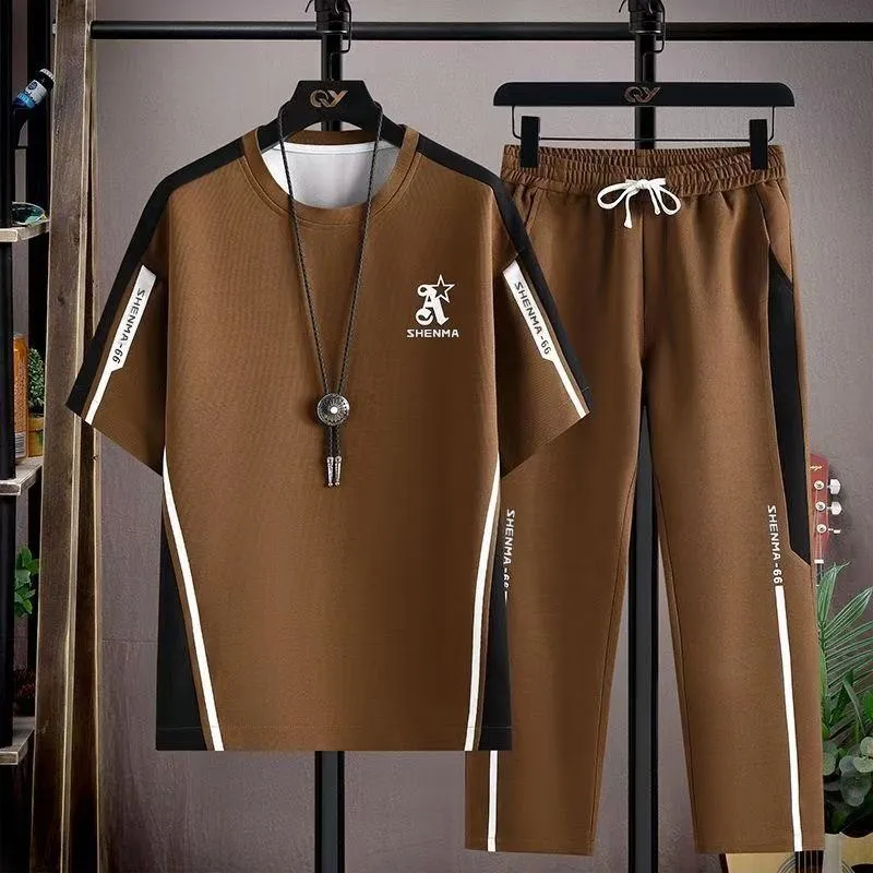 Men's 2-Piece Short Sleeve Tracksuit Set Casual T-Shirt and Jogger Sweatpants with Side Stripes thumbnail 3