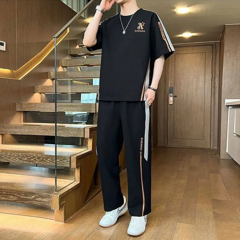 Men's 2-Piece Short Sleeve Tracksuit Set Casual T-Shirt and Jogger Sweatpants with Side Stripes thumbnail 6