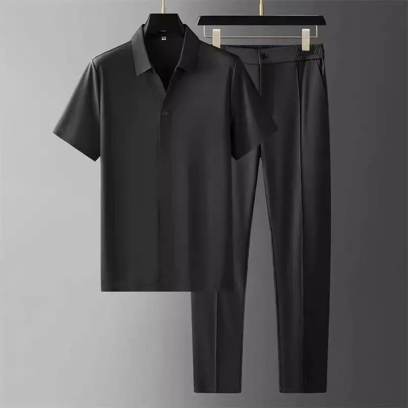 Men's Minimalist 2-Piece Smart Casual Set Short Sleeve Shirt and Tailored Trousers Co-ord Outfit thumbnail 4
