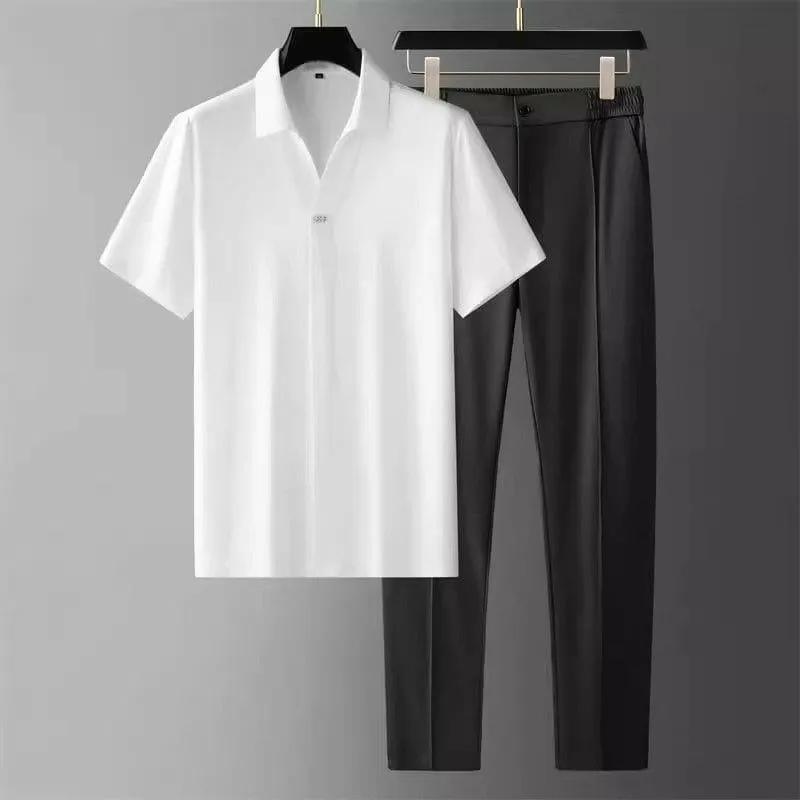 Men's Minimalist 2-Piece Smart Casual Set Short Sleeve Shirt and Tailored Trousers Co-ord Outfit thumbnail 2