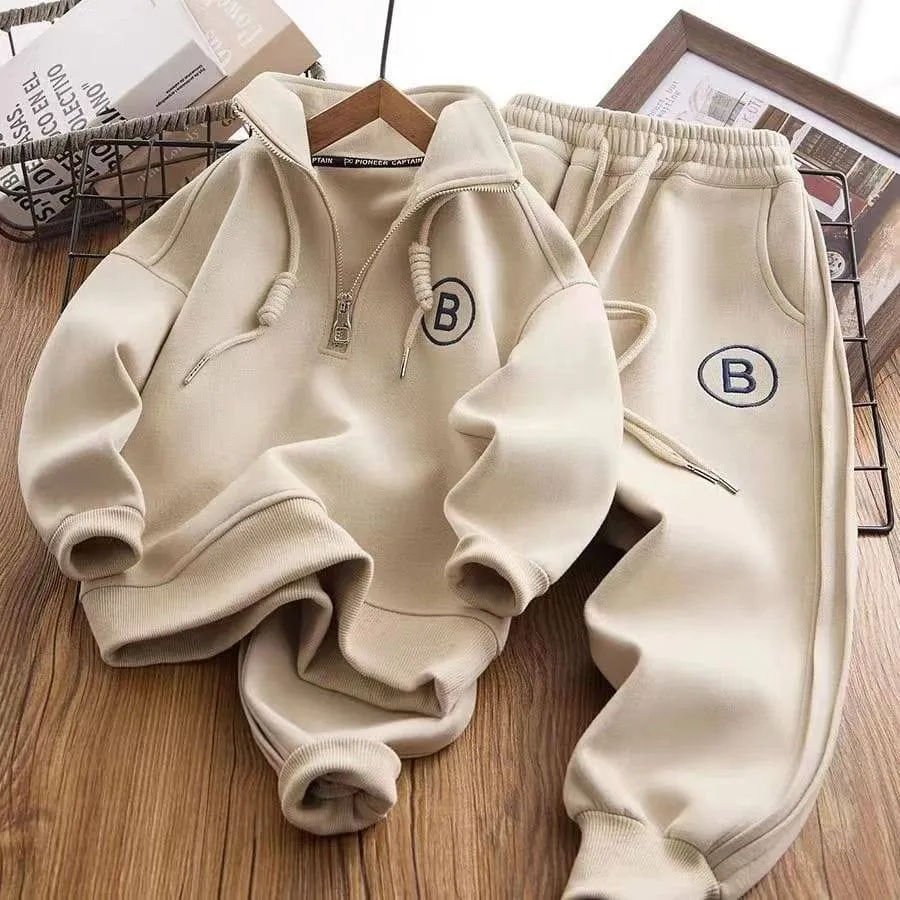 Unisex Kids 2-Piece Sweatsuit Set Half-Zip Sweatshirt and Jogger Pants Tracksuit with Letter B Logo thumbnail 3