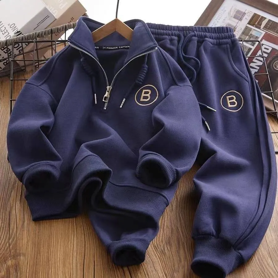 Unisex Kids 2-Piece Sweatsuit Set Half-Zip Sweatshirt and Jogger Pants Tracksuit with Letter B Logo thumbnail 2