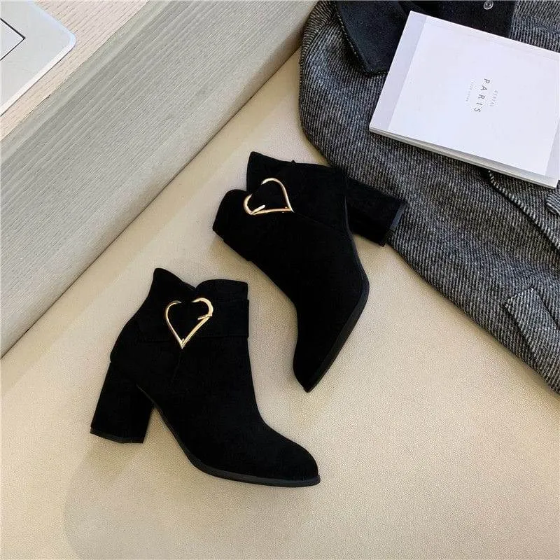 Women's Faux Suede Ankle Boots with Gold Heart Buckle Chunky Block Heel Winter Booties thumbnail 1