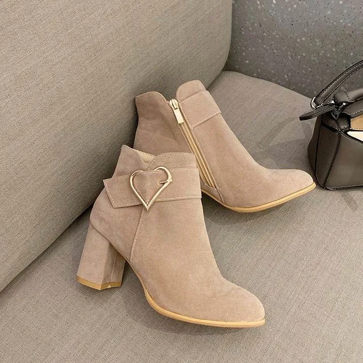 Women's Faux Suede Ankle Boots with Gold Heart Buckle Chunky Block Heel Winter Booties thumbnail 3