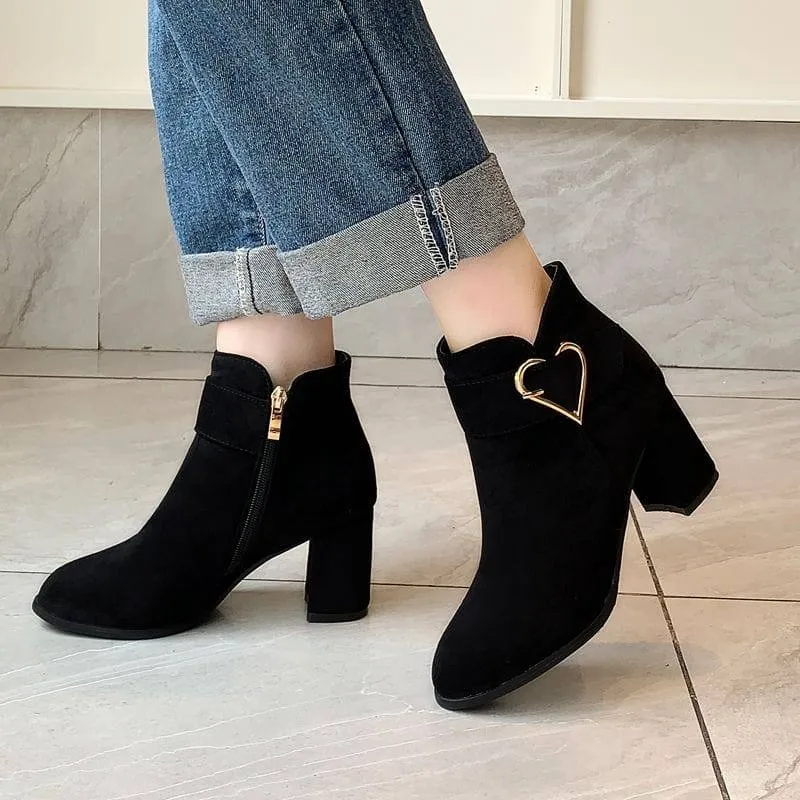 Women's Faux Suede Ankle Boots with Gold Heart Buckle Chunky Block Heel Winter Booties thumbnail 2
