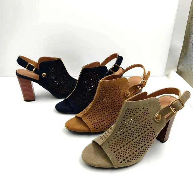 Women's Faux Suede Peep Toe Block Heel Sandals Laser Cut Slingback Booties with Adjustable Strap thumbnail 1