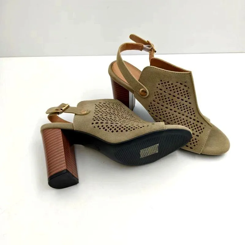 Women's Faux Suede Peep Toe Block Heel Sandals Laser Cut Slingback Booties with Adjustable Strap thumbnail 2