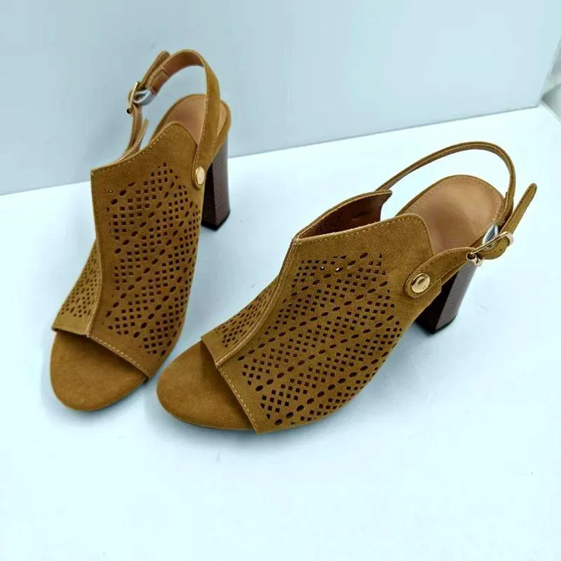 Women's Faux Suede Peep Toe Block Heel Sandals Laser Cut Slingback Booties with Adjustable Strap thumbnail 3