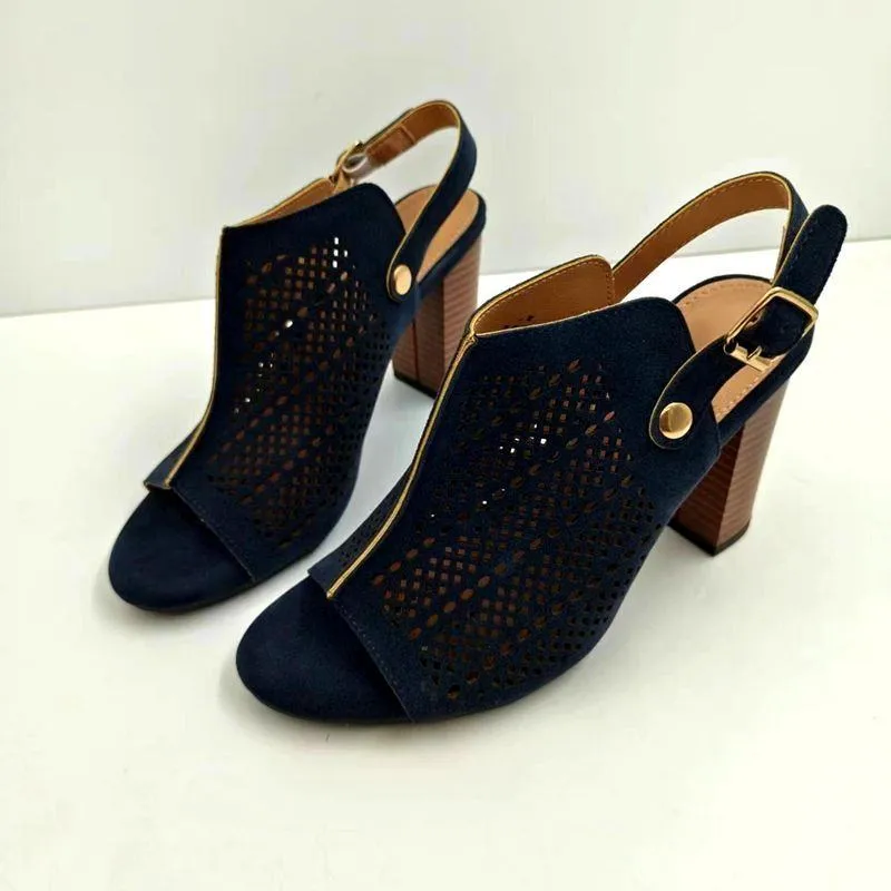 Women's Faux Suede Peep Toe Block Heel Sandals Laser Cut Slingback Booties with Adjustable Strap thumbnail 4