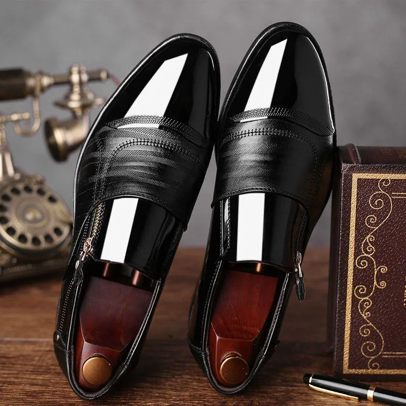 Men's Two-Tone Brown Dress Shoes Patent Leather Zip-Up Formal Loafers Textured Slip-On Oxford Shoes thumbnail 3