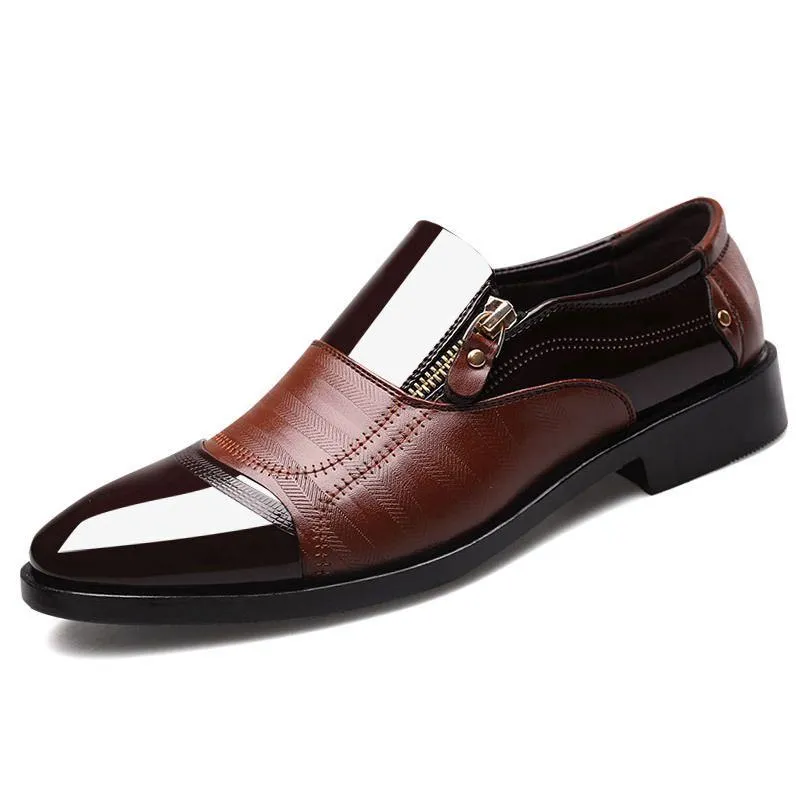 Men's Two-Tone Brown Dress Shoes Patent Leather Zip-Up Formal Loafers Textured Slip-On Oxford Shoes thumbnail 2