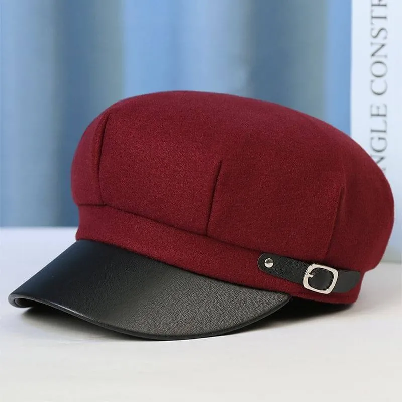 Women's Felt Baker Boy Hat Black Faux Leather Brim Newsboy Cap Cabbie Hat with Buckle thumbnail 5