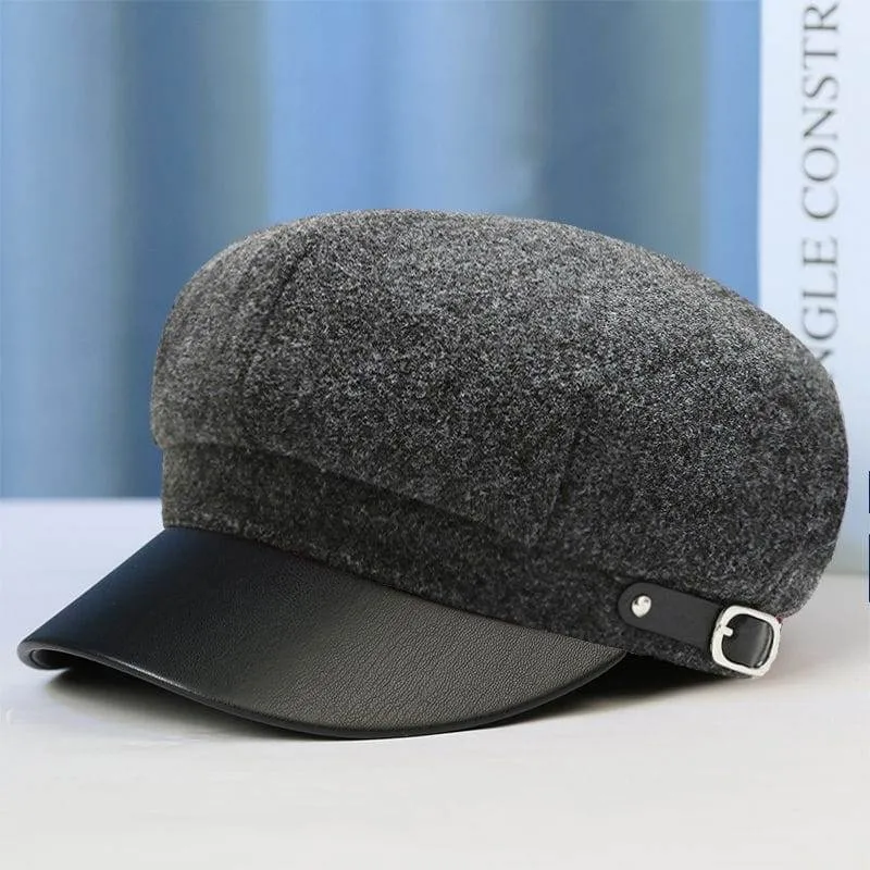 Women's Felt Baker Boy Hat Black Faux Leather Brim Newsboy Cap Cabbie Hat with Buckle thumbnail 3