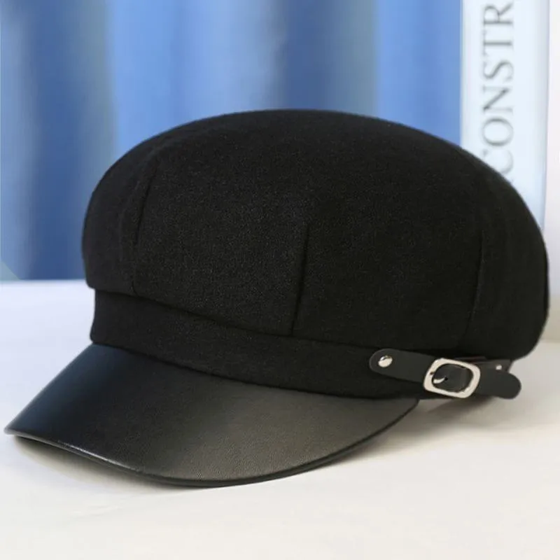 Women's Felt Baker Boy Hat Black Faux Leather Brim Newsboy Cap Cabbie Hat with Buckle thumbnail 4