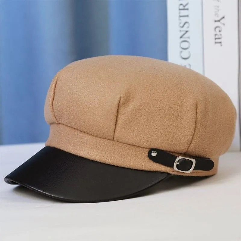 Women's Felt Baker Boy Hat Black Faux Leather Brim Newsboy Cap Cabbie Hat with Buckle thumbnail 1