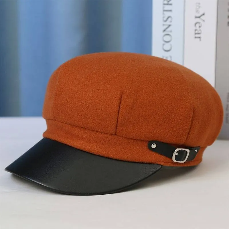 Women's Felt Baker Boy Hat Black Faux Leather Brim Newsboy Cap Cabbie Hat with Buckle thumbnail 2