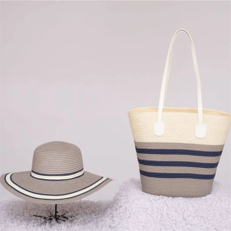 Women's 2-Piece Woven Straw Beach Bag and Hat Set Striped Tote Wide Brim Sun Hat thumbnail 6