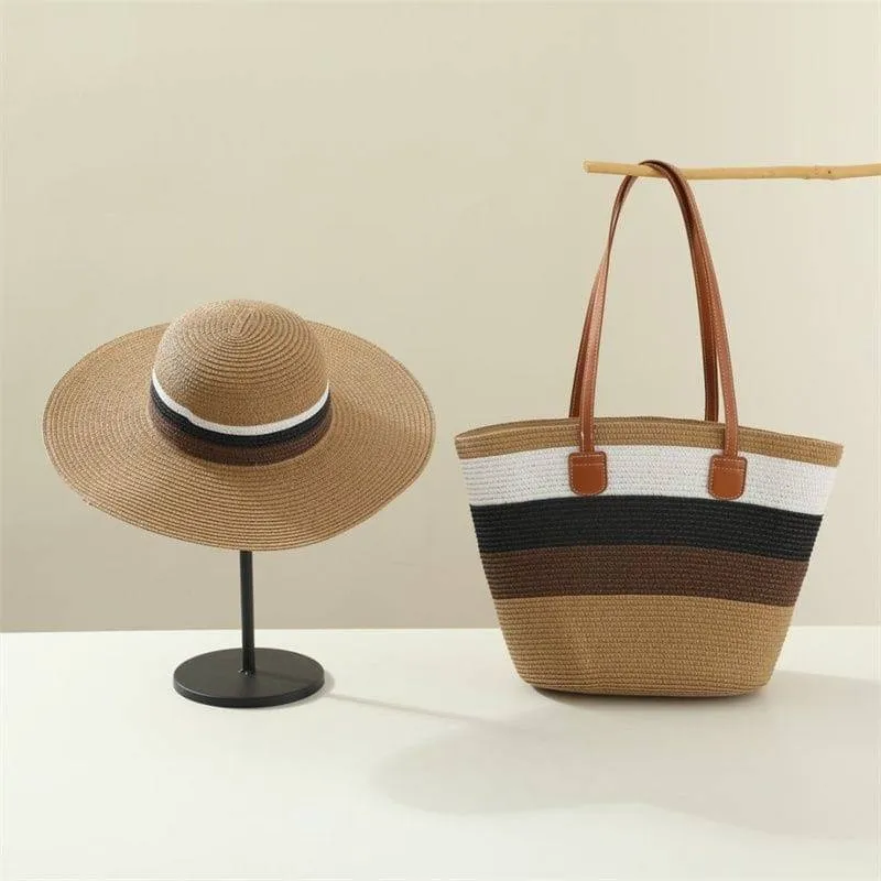 Women's 2-Piece Woven Straw Beach Bag and Hat Set Striped Tote Wide Brim Sun Hat thumbnail 7