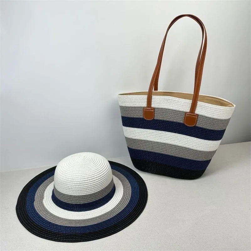 Women's 2-Piece Woven Straw Beach Bag and Hat Set Striped Tote Wide Brim Sun Hat thumbnail 4