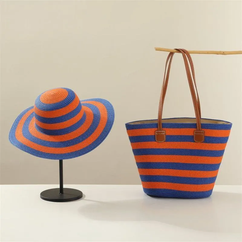 Women's 2-Piece Woven Straw Beach Bag and Hat Set Striped Tote Wide Brim Sun Hat thumbnail 3