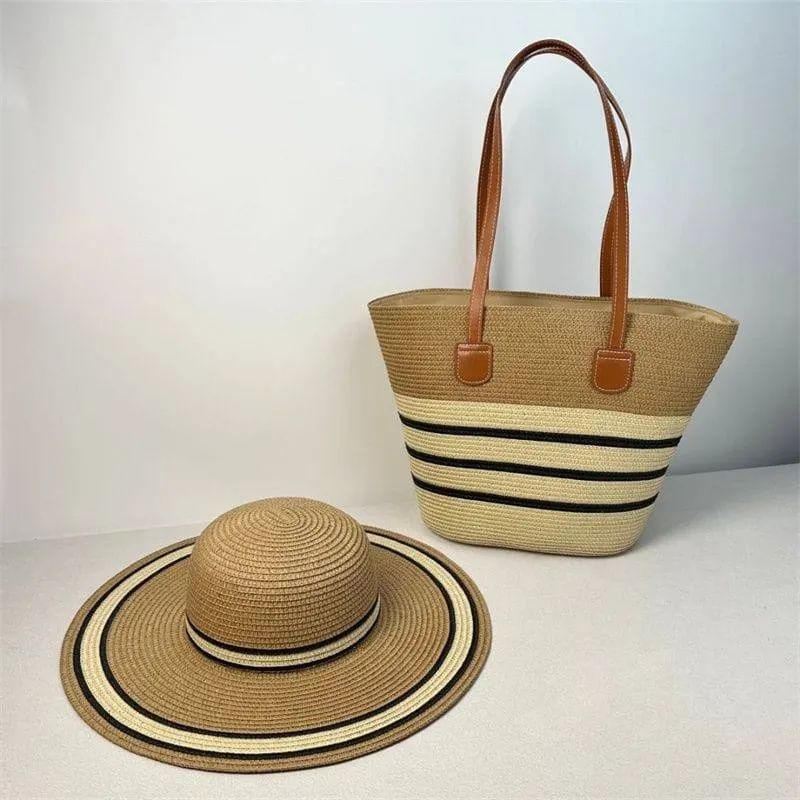 Women's 2-Piece Woven Straw Beach Bag and Hat Set Striped Tote Wide Brim Sun Hat thumbnail 5