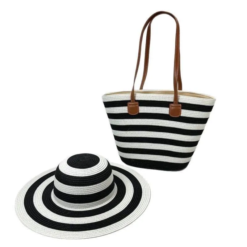 Women's 2-Piece Woven Straw Beach Bag and Hat Set Striped Tote Wide Brim Sun Hat thumbnail 1