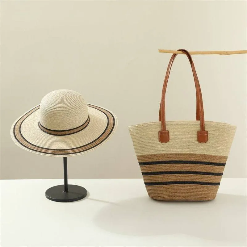 Women's 2-Piece Woven Straw Beach Bag and Hat Set Striped Tote Wide Brim Sun Hat thumbnail 2