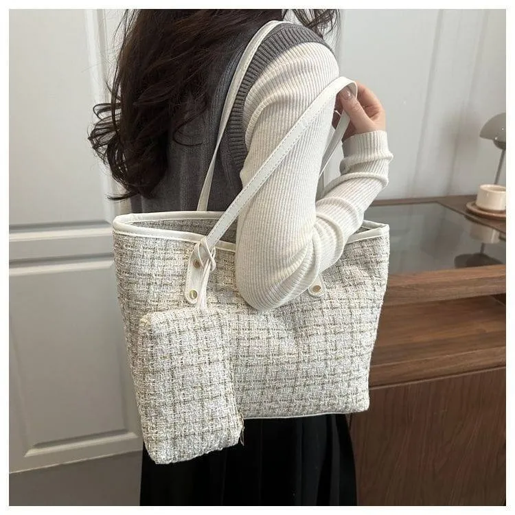 Women's Tote Bag 2-Piece Set Plaid Woven Shoulder Handbag with Matching Mini Pouch thumbnail 3