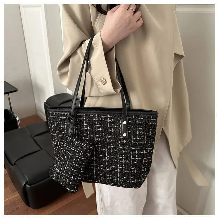 Women's Tote Bag 2-Piece Set Plaid Woven Shoulder Handbag with Matching Mini Pouch thumbnail 4