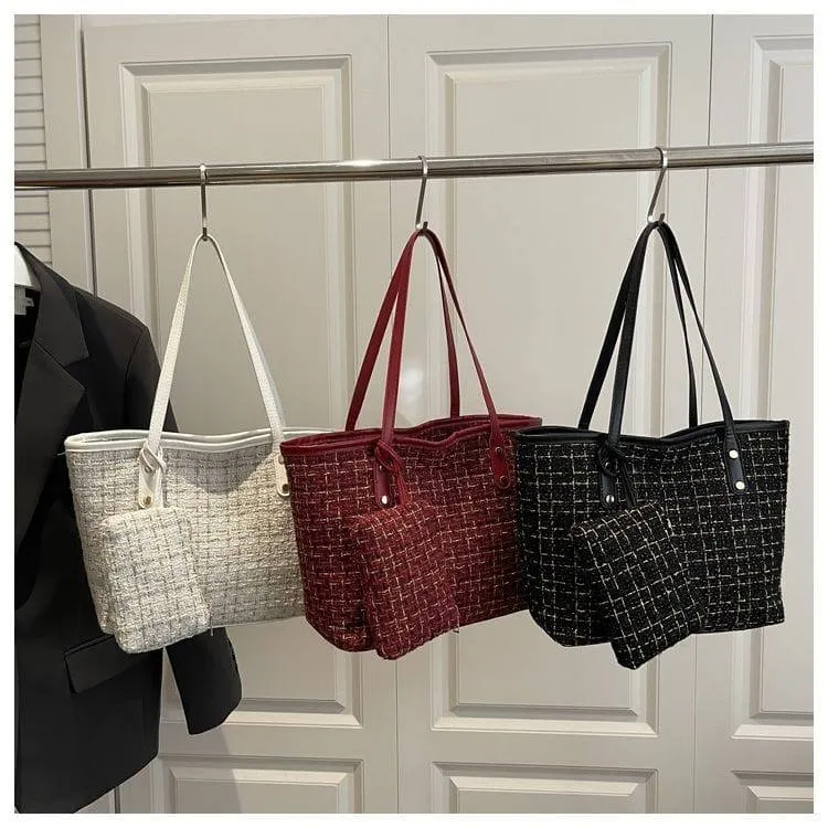 Women's Tote Bag 2-Piece Set Plaid Woven Shoulder Handbag with Matching Mini Pouch thumbnail 1