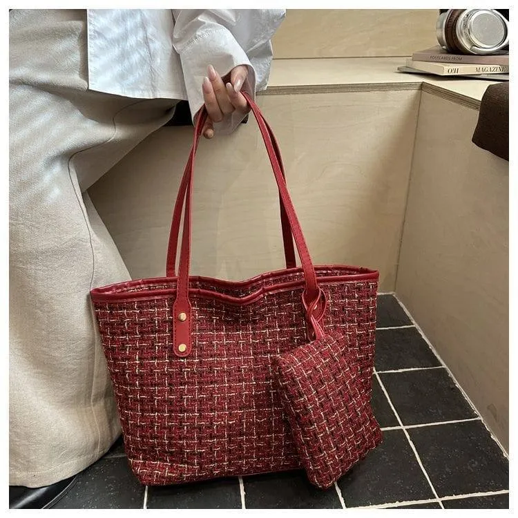 Women's Tote Bag 2-Piece Set Plaid Woven Shoulder Handbag with Matching Mini Pouch thumbnail 2