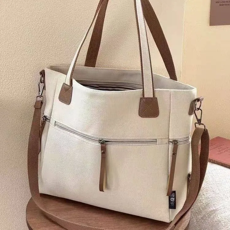 Women's Canvas Tote Bag Large Crossbody Shoulder Handbag with Multiple Zipper Pockets and Brown Straps thumbnail 3