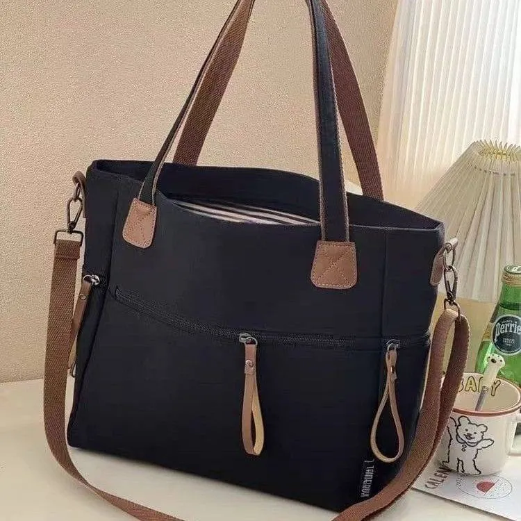 Women's Canvas Tote Bag Large Crossbody Shoulder Handbag with Multiple Zipper Pockets and Brown Straps thumbnail 2