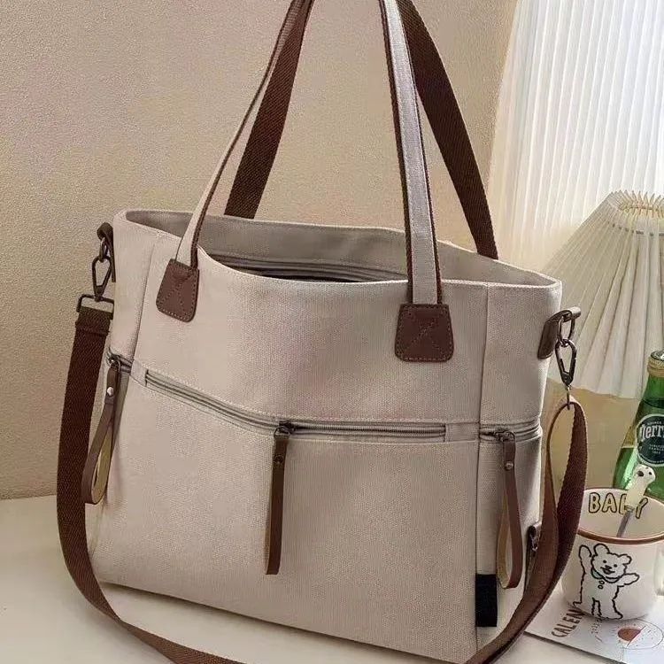 Women's Canvas Tote Bag Large Crossbody Shoulder Handbag with Multiple Zipper Pockets and Brown Straps thumbnail 4