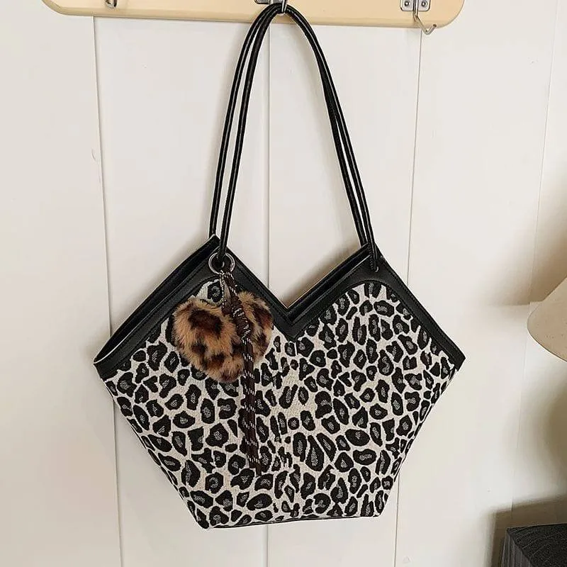 Women's Leopard Print Canvas Tote Bag V-Cut Shoulder Handbag with Brown Trim and Fuzzy Heart Charm thumbnail 2