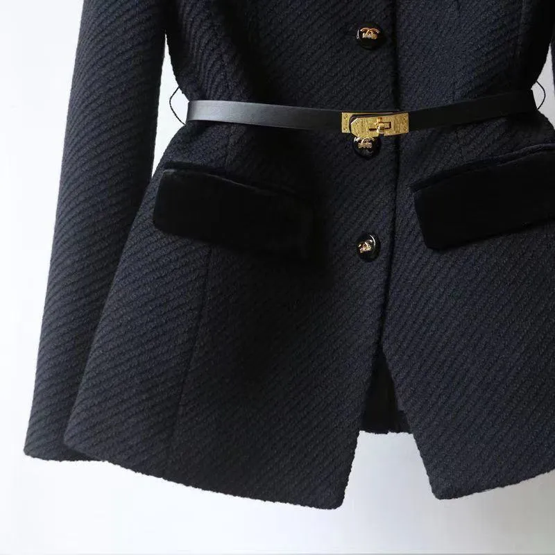 Women's Elegant Tweed Jacket Black Trim Collarless Peplum Blazer with Belt and Gold Buttons thumbnail 2