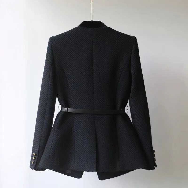 Women's Elegant Tweed Jacket Black Trim Collarless Peplum Blazer with Belt and Gold Buttons thumbnail 3