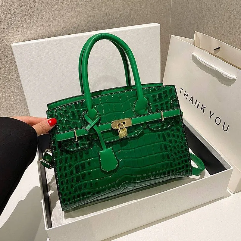 Women's  Croc-Embossed Patent Leather Top Handle Tote Bag Structured Satchel with Gold Lock Hardware thumbnail 8