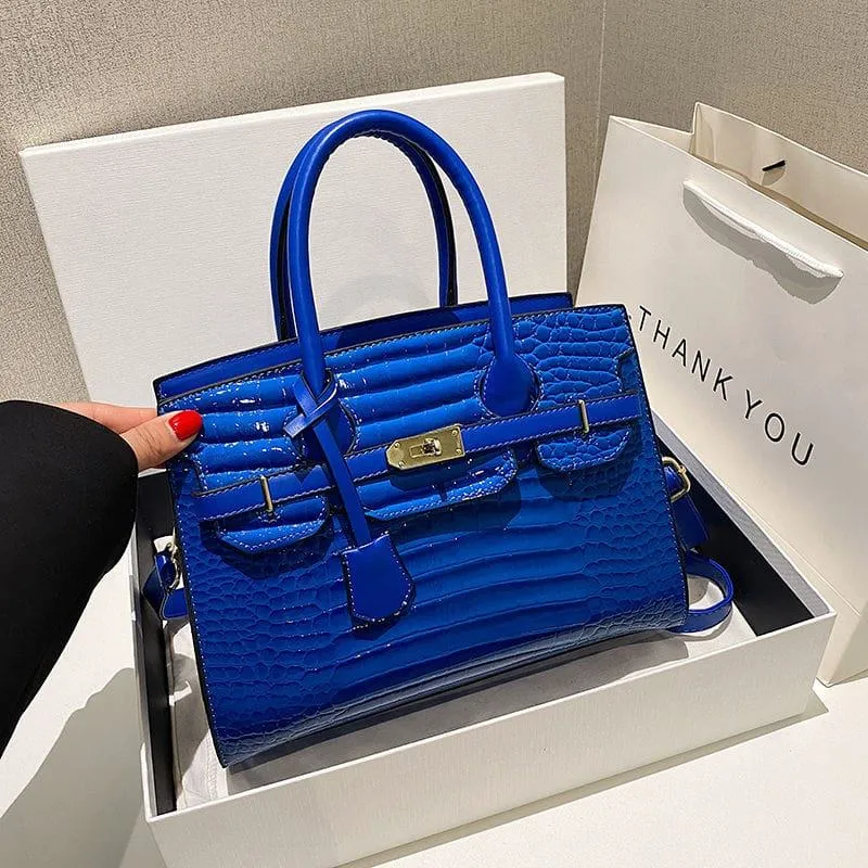 Women's  Croc-Embossed Patent Leather Top Handle Tote Bag Structured Satchel with Gold Lock Hardware thumbnail 6